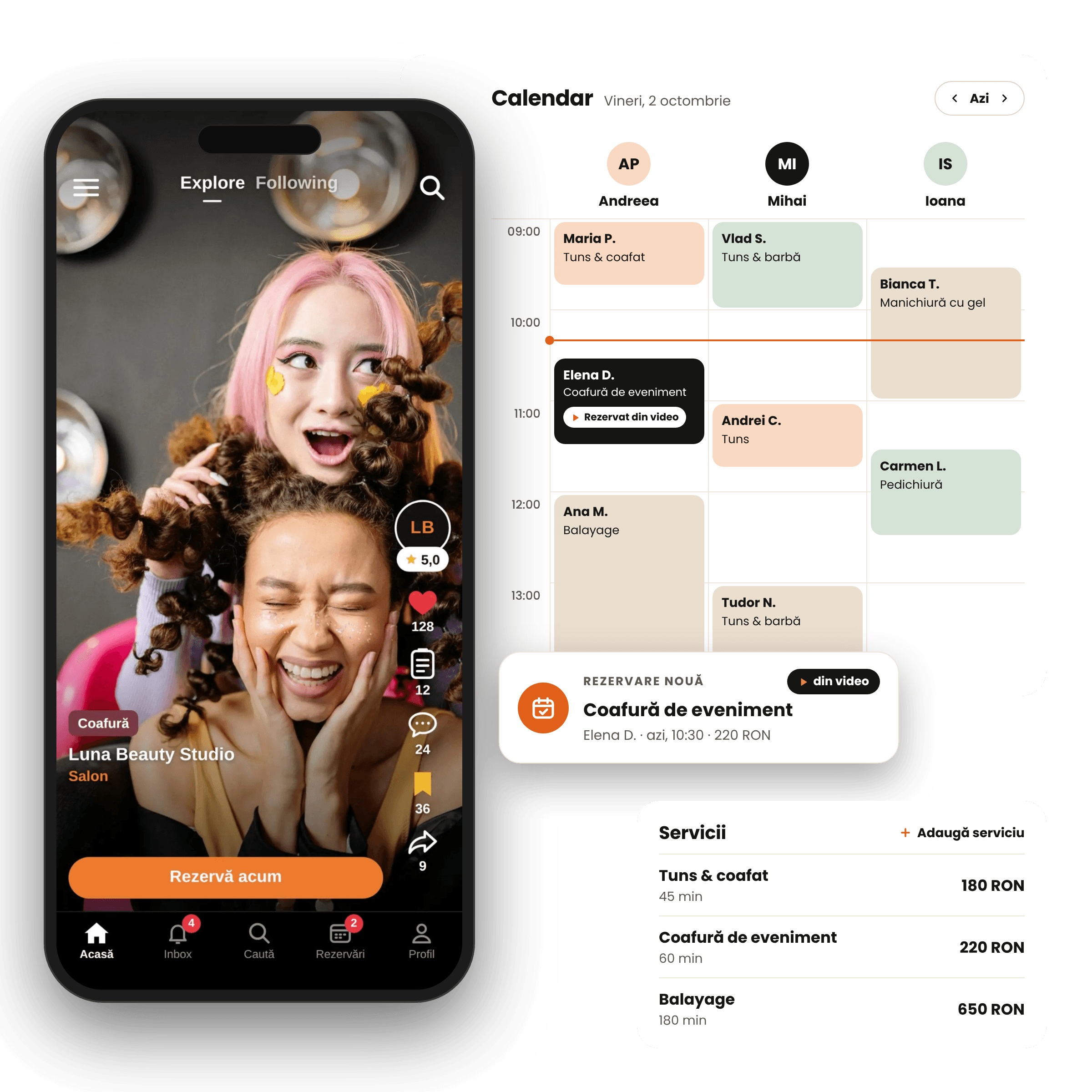 A ScrollBooker business profile, with video content, reviews, and instant booking