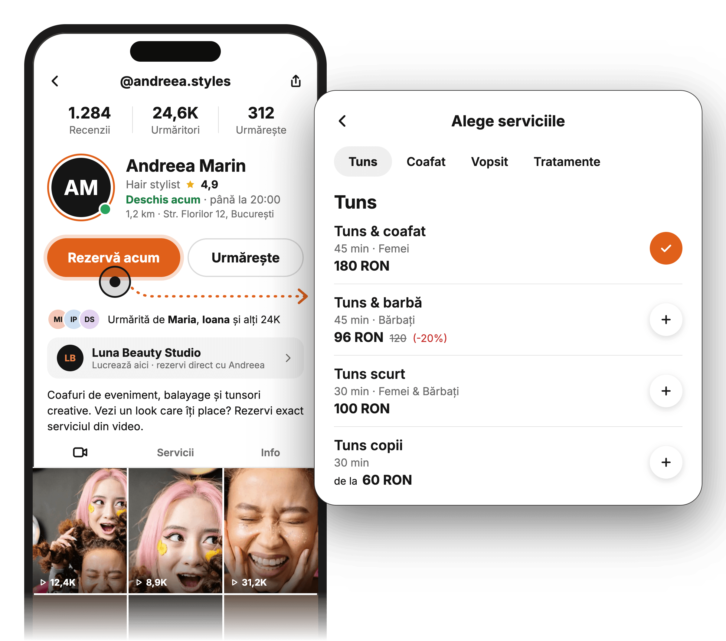A business profile on ScrollBooker, with followers, reviews, and a video portfolio