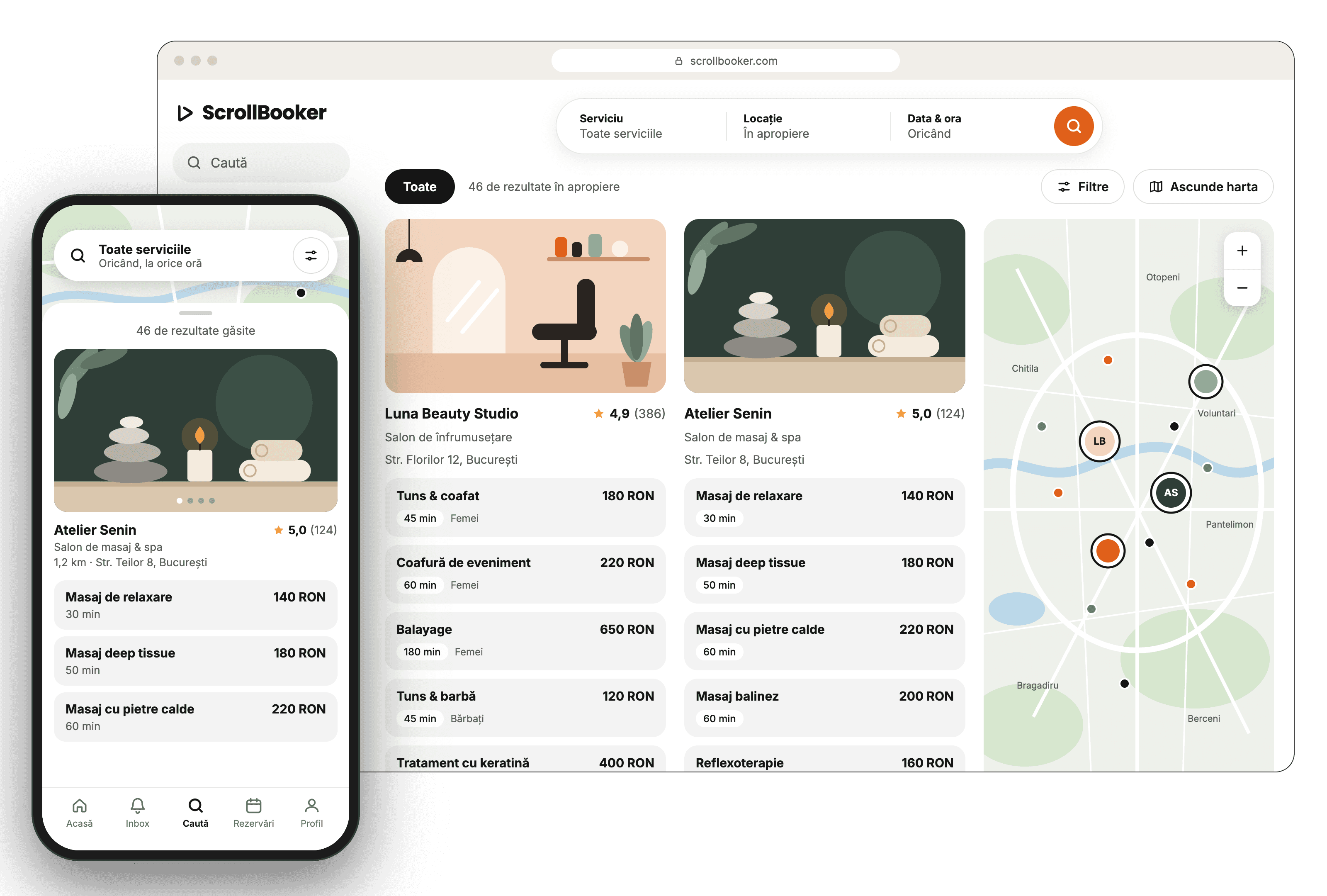 The ScrollBooker search screen, with a map and filters for finding businesses